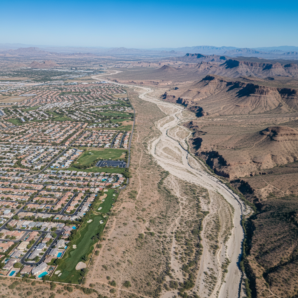 Aerial view of a desert landscape with dried riverbed and sparse vegetation in Arizona. Shows the contrast between urban development and water scarcity in the Sonoran desert. Realistic photography with clear blue sky, no text.