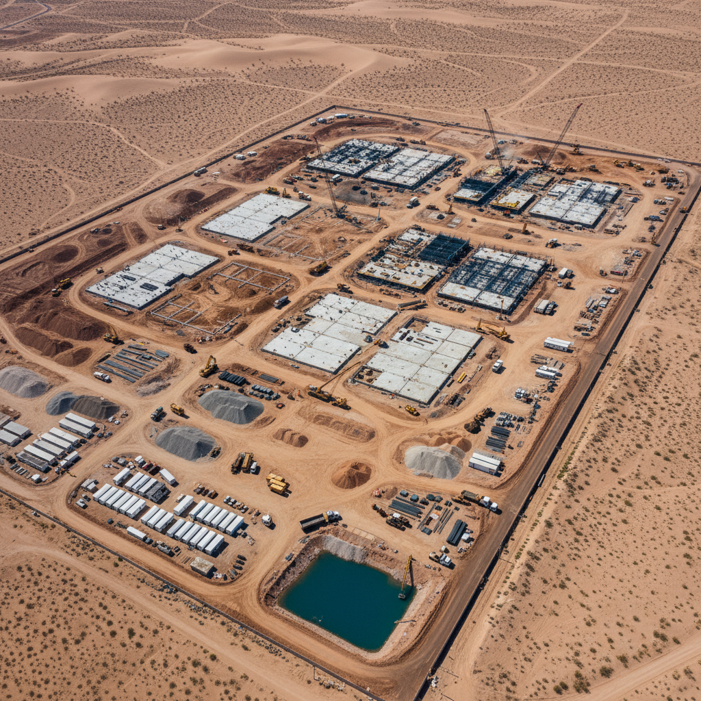Aerial view of a large data center construction site in desert landscape with industrial equipment and environmental impact. Shows contrast between technology infrastructure and natural desert ecosystem. Documentary photography style, no text.