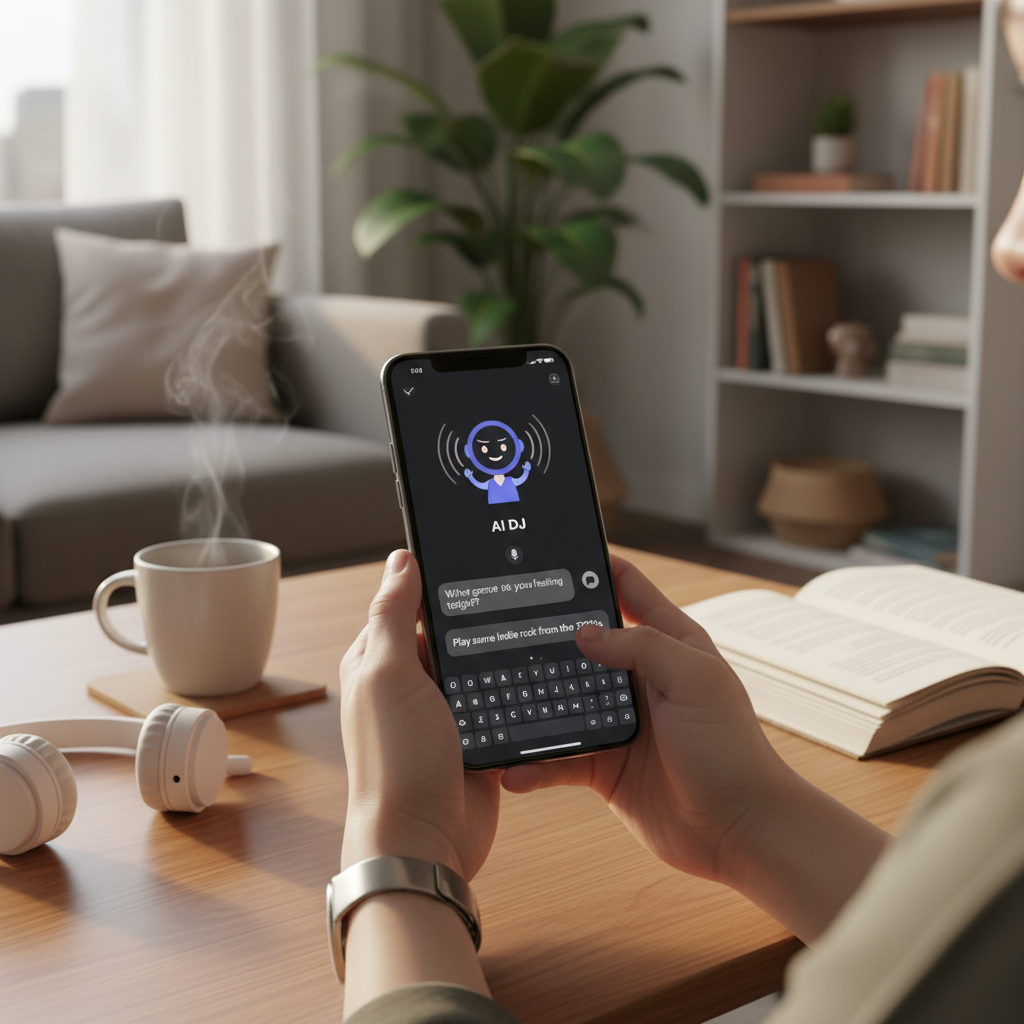 A modern smartphone displaying Spotify's AI DJ interface with text messaging feature, clean lifestyle photography showing hands typing music requests, warm lighting, contemporary setting, no text in image