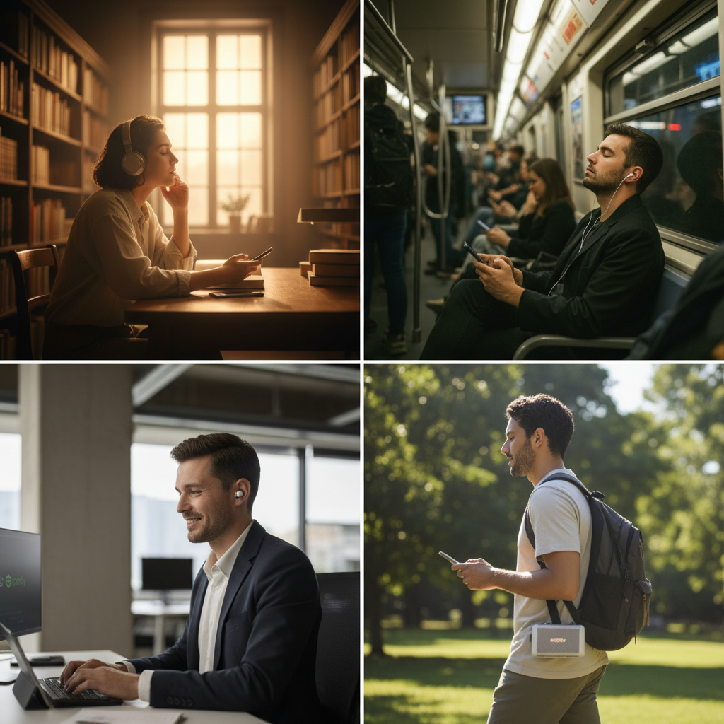Split scene showing people using Spotify in different environments - quiet library, crowded subway, office space, lifestyle photography emphasizing discreteness and convenience, natural lighting, no text