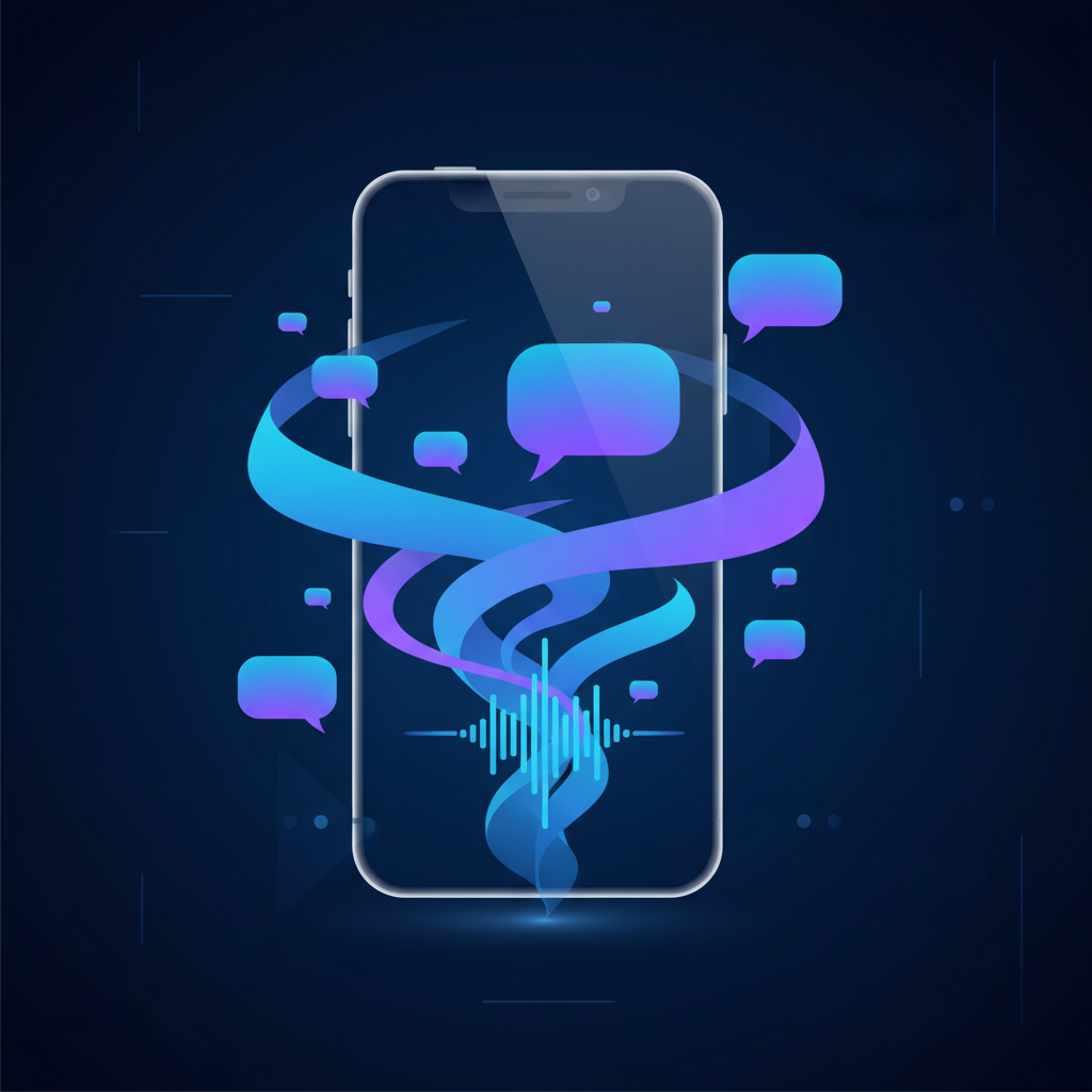 Futuristic illustration showing voice waves and text bubbles merging around a smartphone, representing AI communication evolution, clean infographic style with blue and purple gradients, no text