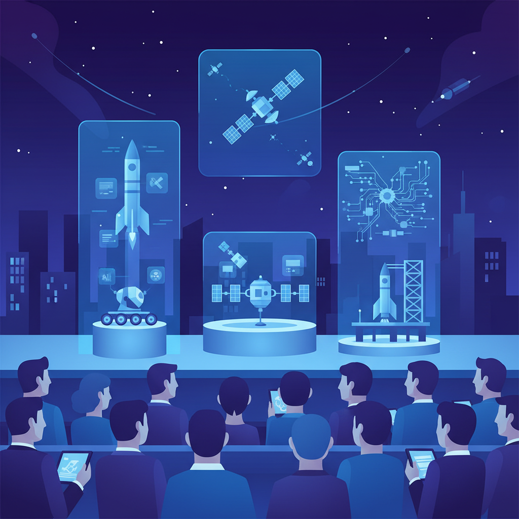 A vibrant and futuristic illustration of a stage where various space technologies are showcased. The stage is illuminated with blue and purple lights, and holograms of rockets, satellites, and AI interfaces float above. A diverse audience, including investors and founders, watches enthusiastically. Style: clean infographic. No text.