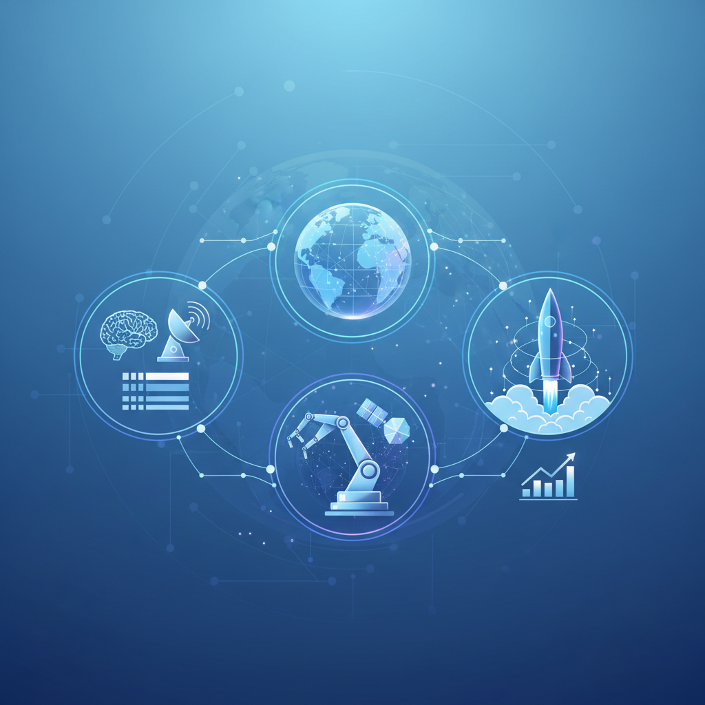 A futuristic infographic showing AI algorithms analyzing satellite data, controlling robotic arms in space, and optimizing rocket launches. The scene is bright and technologically advanced, with neural network patterns subtly in the background. Style: clean infographic. No text.