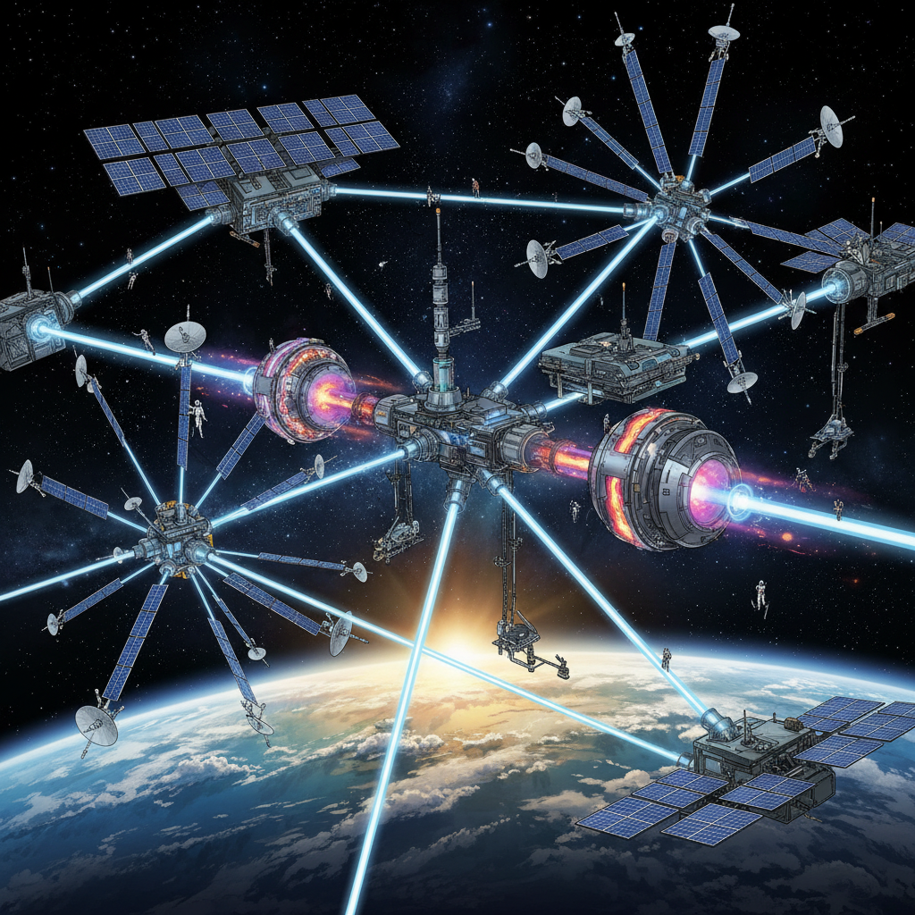 An illustrative image of various space infrastructures being built around Earth's orbit. This includes space stations, satellite networks, and orbital factories, connected by beams of light. The Earth is visible in the background, symbolizing new opportunities. Style: detailed illustration. No text.