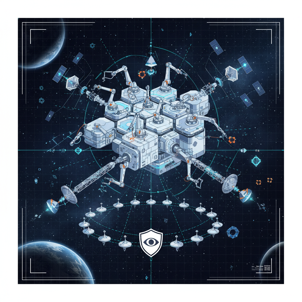 A detailed infographic showcasing an orbital manufacturing facility in space, with robotic arms assembling components under microgravity conditions. Alongside, subtle security elements like monitoring satellites and data streams are depicted, emphasizing both production and protection. Style: clean infographic. No text.