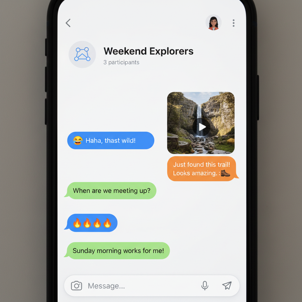 A smartphone screen showing the Threads app interface with an active group chat. Multiple chat bubbles with diverse content like text, emojis, and a small video thumbnail are visible. The design is clean and user-friendly. Style: realistic UI screenshot, no text.