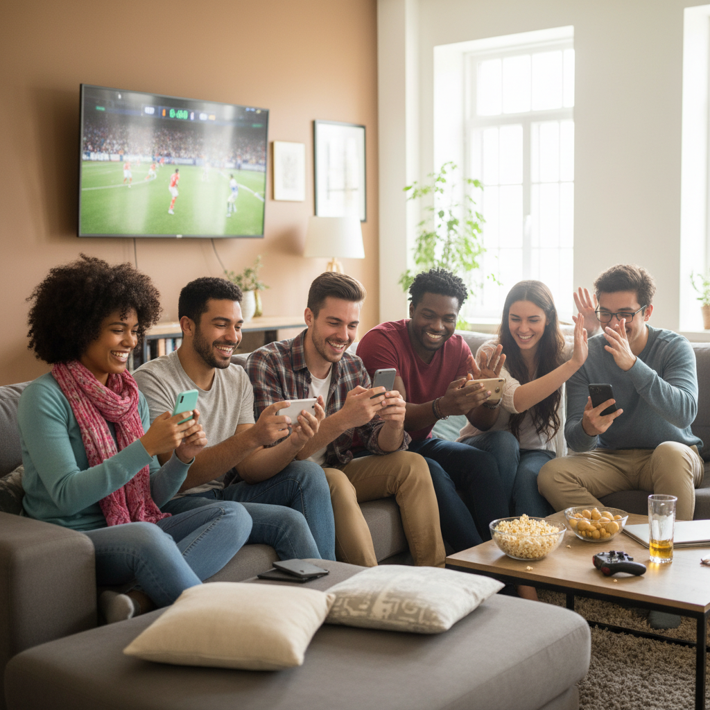 A diverse group of young adults, smiling and engaged, looking at their smartphones. The scene suggests shared interests, like watching a sports game or a TV show together, fostering deeper connections through digital communication. Style: lifestyle photography, vibrant and natural. No text.