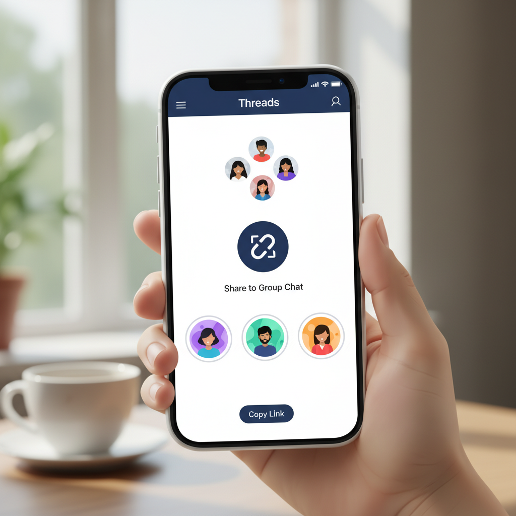 A hand holding a smartphone displaying the Threads app. On the screen, there's an option to share a link to a group chat. The background is slightly blurred, suggesting a casual, everyday setting. Style: clean, modern UI illustration. No text.