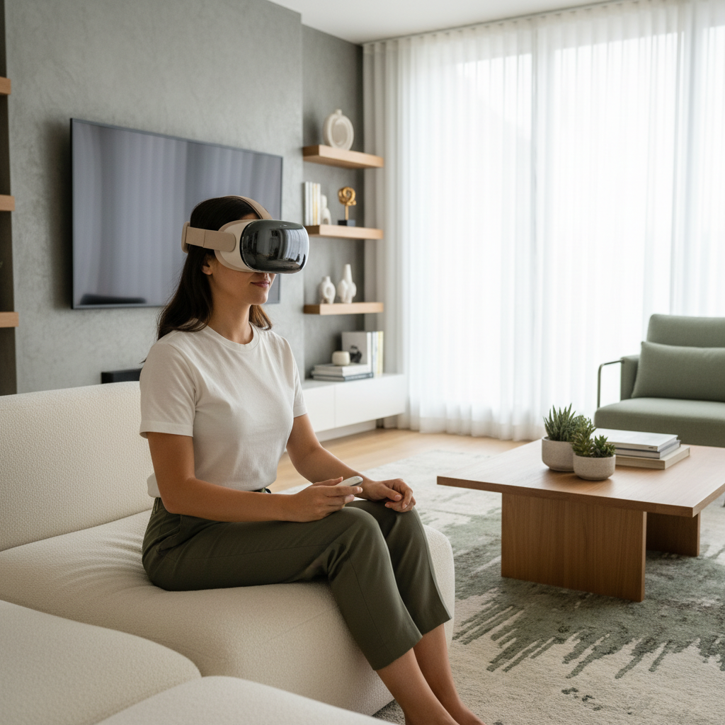 A person wearing Apple Vision Pro headset in a modern living room, natural lighting, realistic lifestyle photography showing the sleek design and comfortable fit, no text