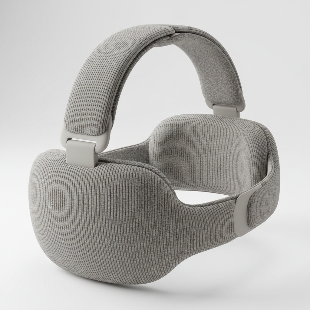 Close-up view of Apple Vision Pro dual knit band showing both rear and top straps, clean product photography with soft lighting highlighting the fabric texture and ergonomic design, no text