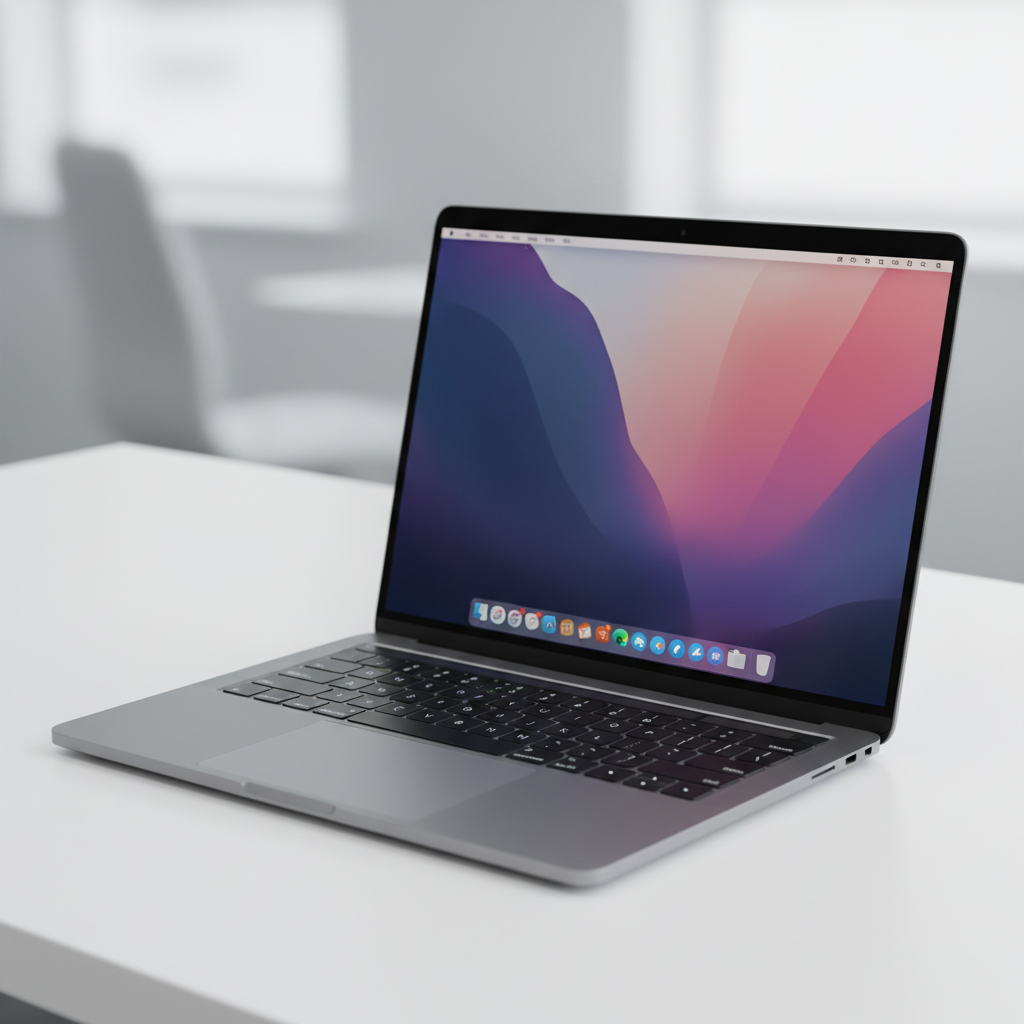 Modern Apple MacBook Pro 14-inch laptop on a clean white desk, sleek metallic design, opened to show the bright screen, professional lighting, minimal background, lifestyle photography style, no text