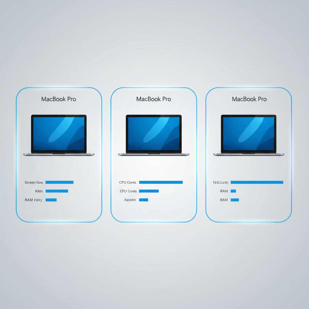 Clean infographic showing different MacBook Pro models side by side, comparing specifications, modern design with blue and gray color scheme, professional layout, no text