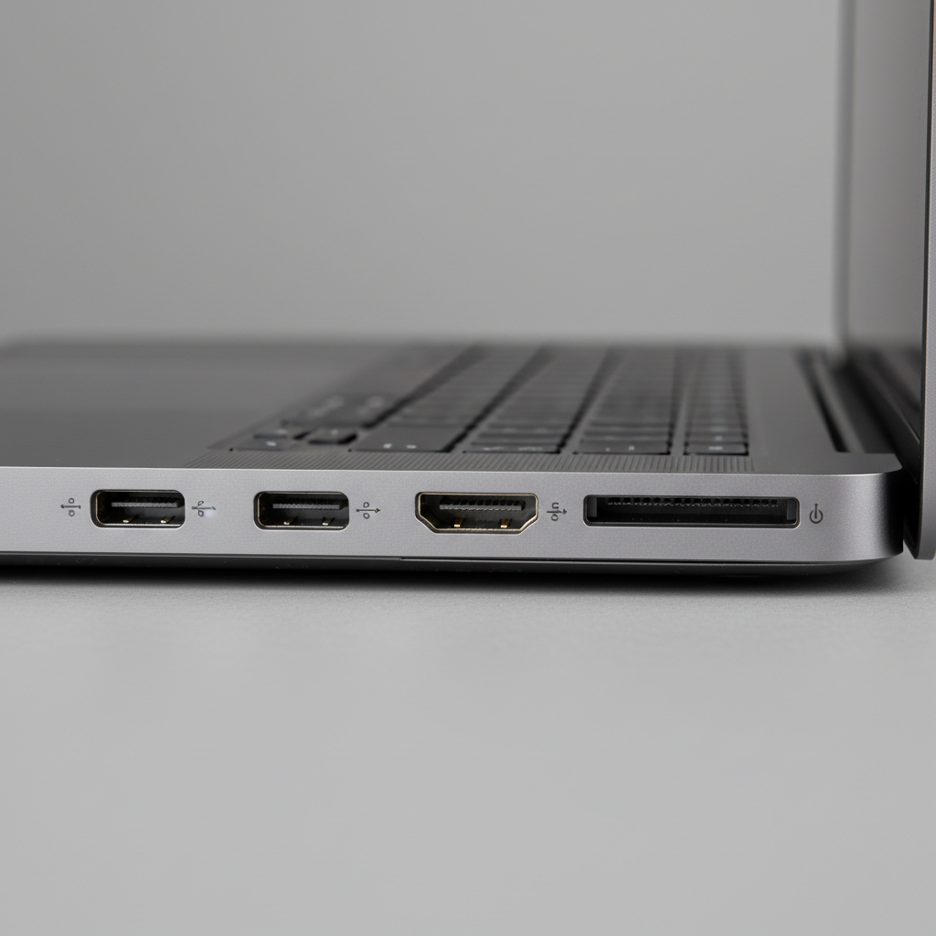 Close-up view of MacBook Pro ports showing USB-C, HDMI, and SD card slots, clean product photography, professional lighting, detailed view, no text