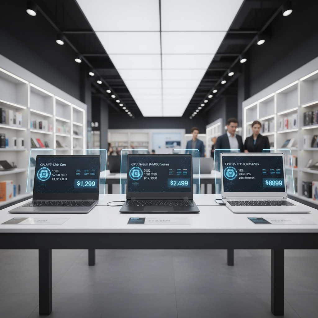 Shopping comparison scene with laptop specifications and price tags, modern retail environment, clean layout, professional photography style, no text