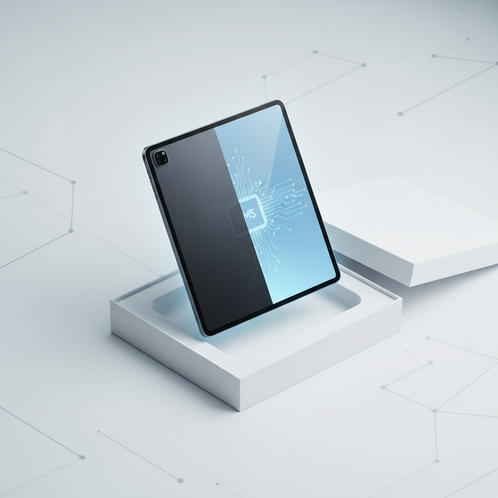 A sleek, modern illustration of the new M5 iPad Pro, shown in an unboxing scenario. The device is glowing faintly, highlighting its advanced technology. The background is clean and minimalist, suggesting innovation. Style: clean infographic. No text.