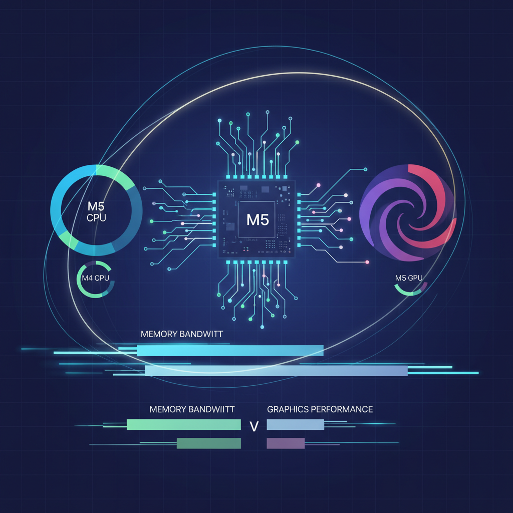 An intricate infographic visualizing the performance boost of the Apple M5 chip. It shows data flow, CPU/GPU core distribution, and a clear comparison of memory bandwidth and graphics performance against the M4 chip. Emphasize speed and efficiency with abstract light trails. Style: clean infographic. No text.