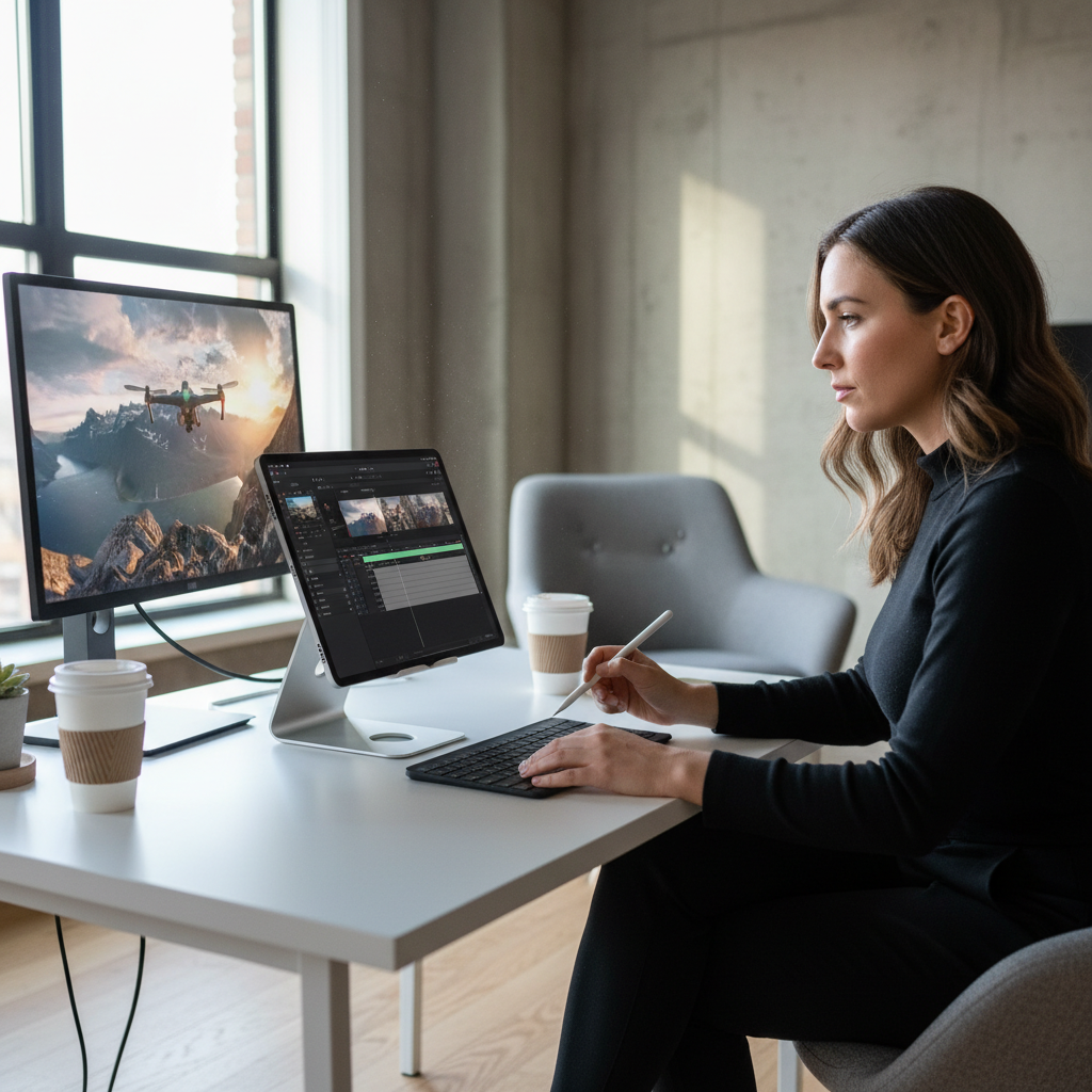 A professional using the M5 iPad Pro for a demanding task like video editing or complex graphic design, showcasing its powerful performance. The user is focused, and the environment is clean and modern. Natural daylight illuminates the scene. Style: lifestyle photography. No text.