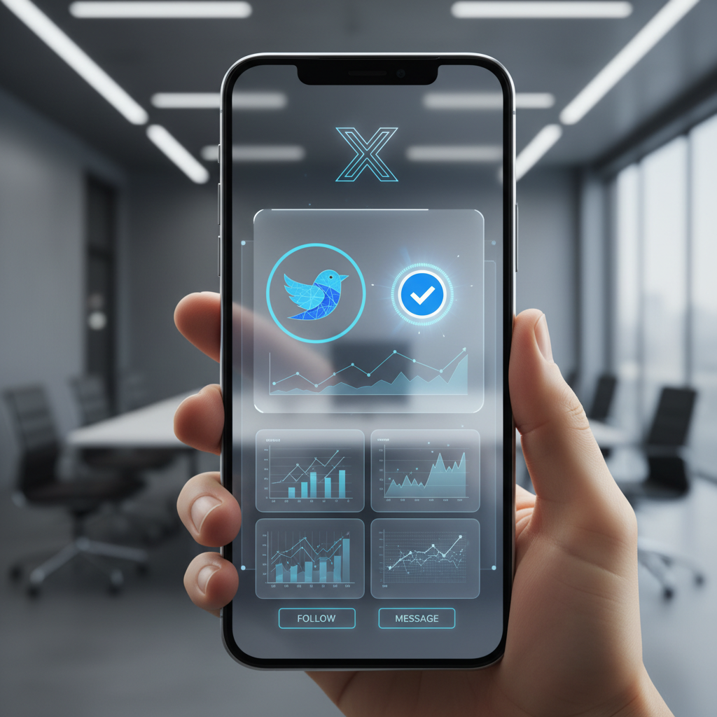 Modern smartphone displaying X social media profile interface with transparency features, user verification elements, clean digital design, professional lighting, tech-focused atmosphere, no text