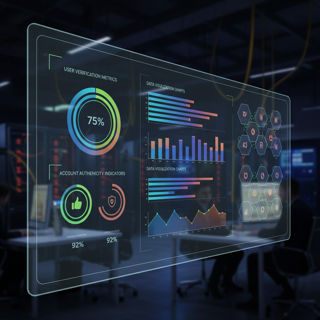 Digital dashboard showing user verification metrics, account authenticity indicators, data visualization charts, modern interface design, professional tech environment, clean infographic style, no text