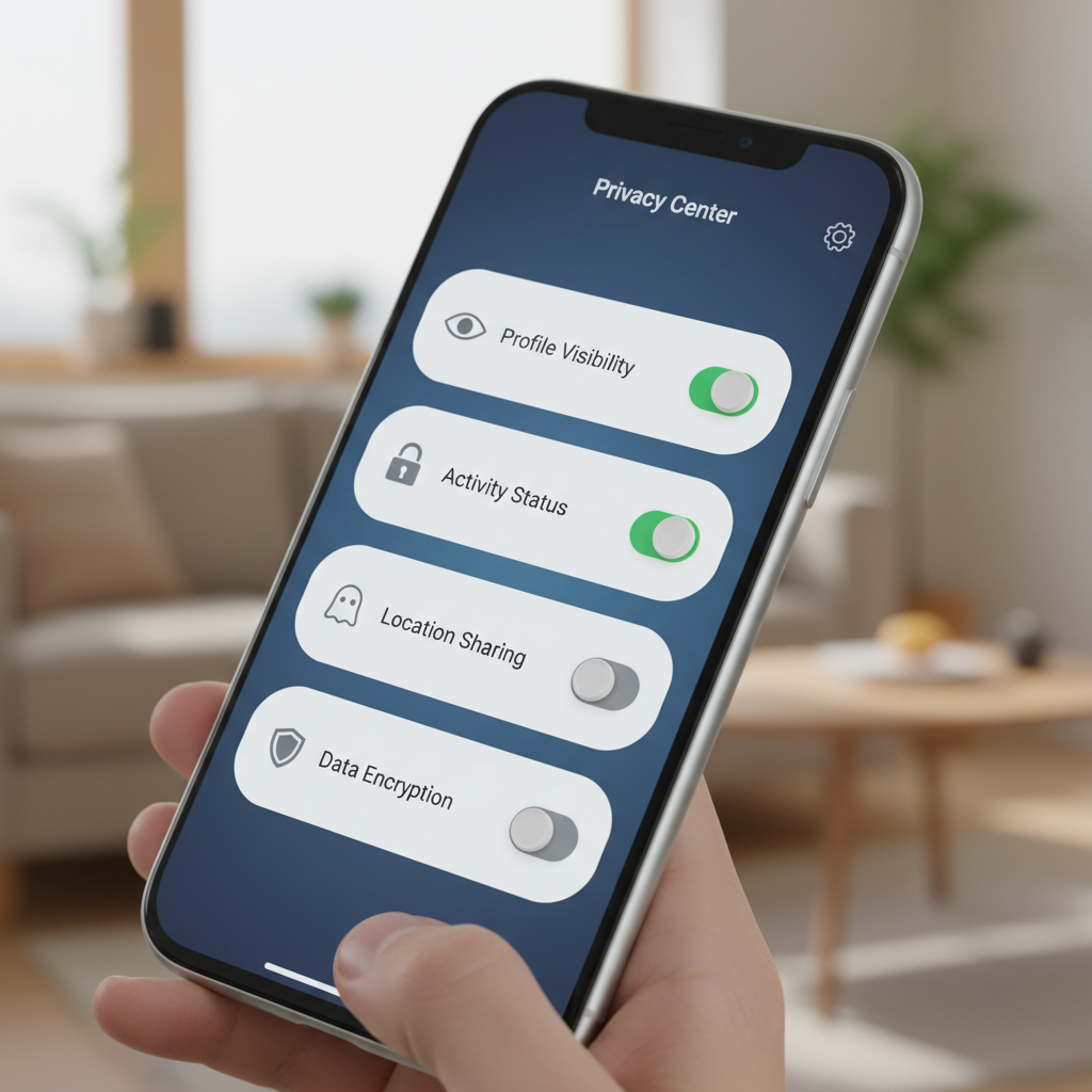 Privacy settings interface on mobile device, toggle switches for profile visibility options, secure digital environment, user-friendly design, modern app interface, lifestyle photography, no text
