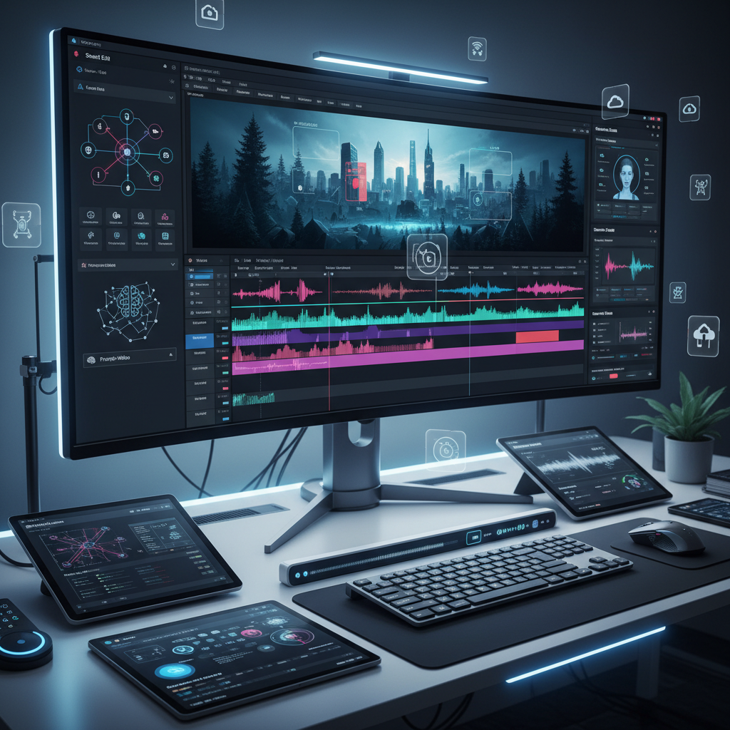 A modern AI video editing interface showing advanced video creation tools with realistic workflow elements, clean technology workspace, professional lighting, no text