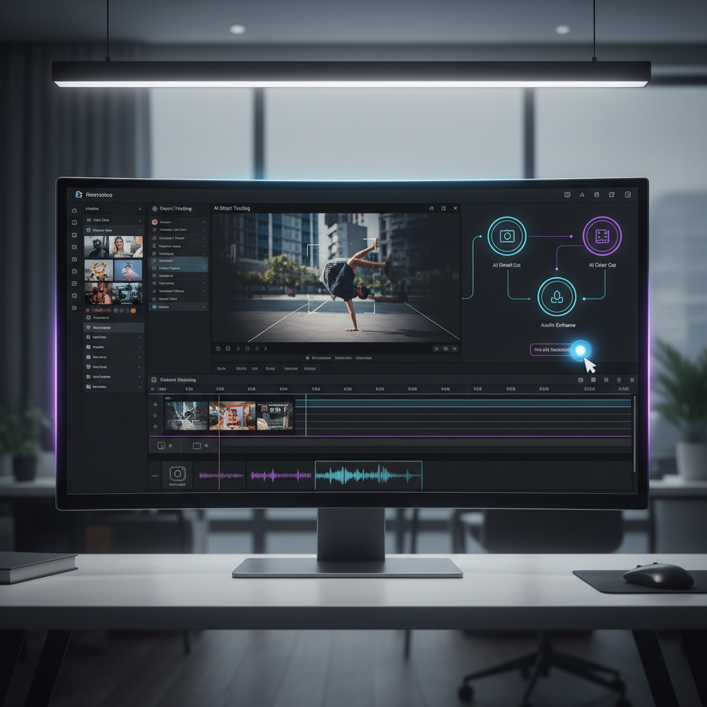 User-friendly video editing interface with intuitive controls and timeline, showing AI-powered editing features in action, modern UI design, professional workspace lighting, no text