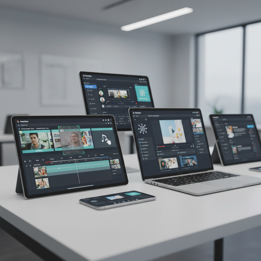 Multiple devices showing AI video editing capabilities, smartphones tablets laptops displaying video creation interfaces, modern technology ecosystem, clean professional setup, no text