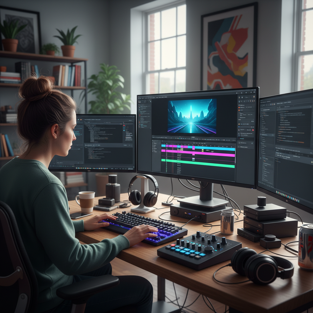 Person using AI video editing software on computer, creative workspace with multiple monitors, focused concentration, modern office environment, natural lighting, no text