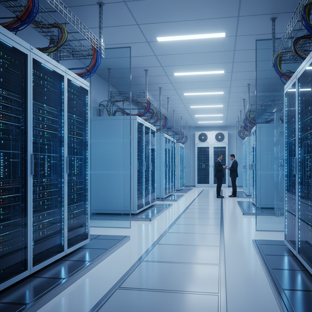Modern data center facility with rows of powerful GPU servers and advanced AI computing infrastructure, sleek technology environment with blue lighting, professional corporate setting, no text