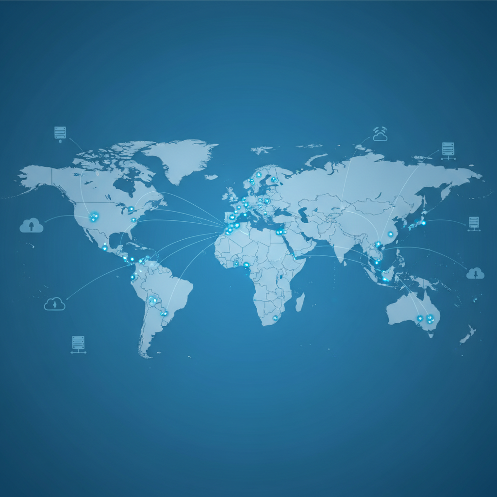 World map showing data center locations across Europe and United States, with connection lines and technology icons, modern infographic style with clean design, corporate blue color scheme, no text