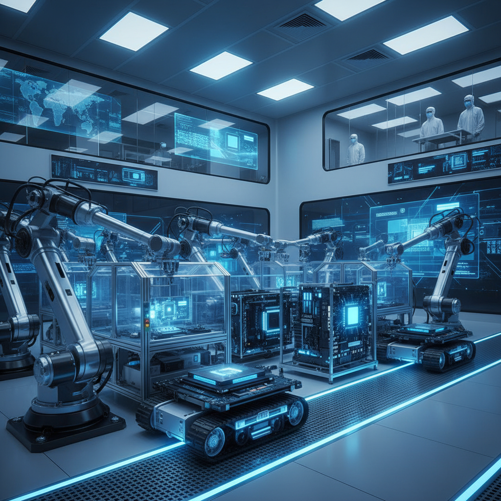 Modern semiconductor manufacturing facility with advanced AI chips and GPU technology, high-tech clean room environment with robotic systems, futuristic lighting, no text