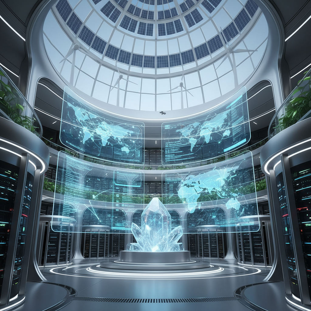 Futuristic data center with advanced AI infrastructure, holographic displays showing global network connections, sleek modern architecture with sustainable energy elements, professional technology visualization, no text
