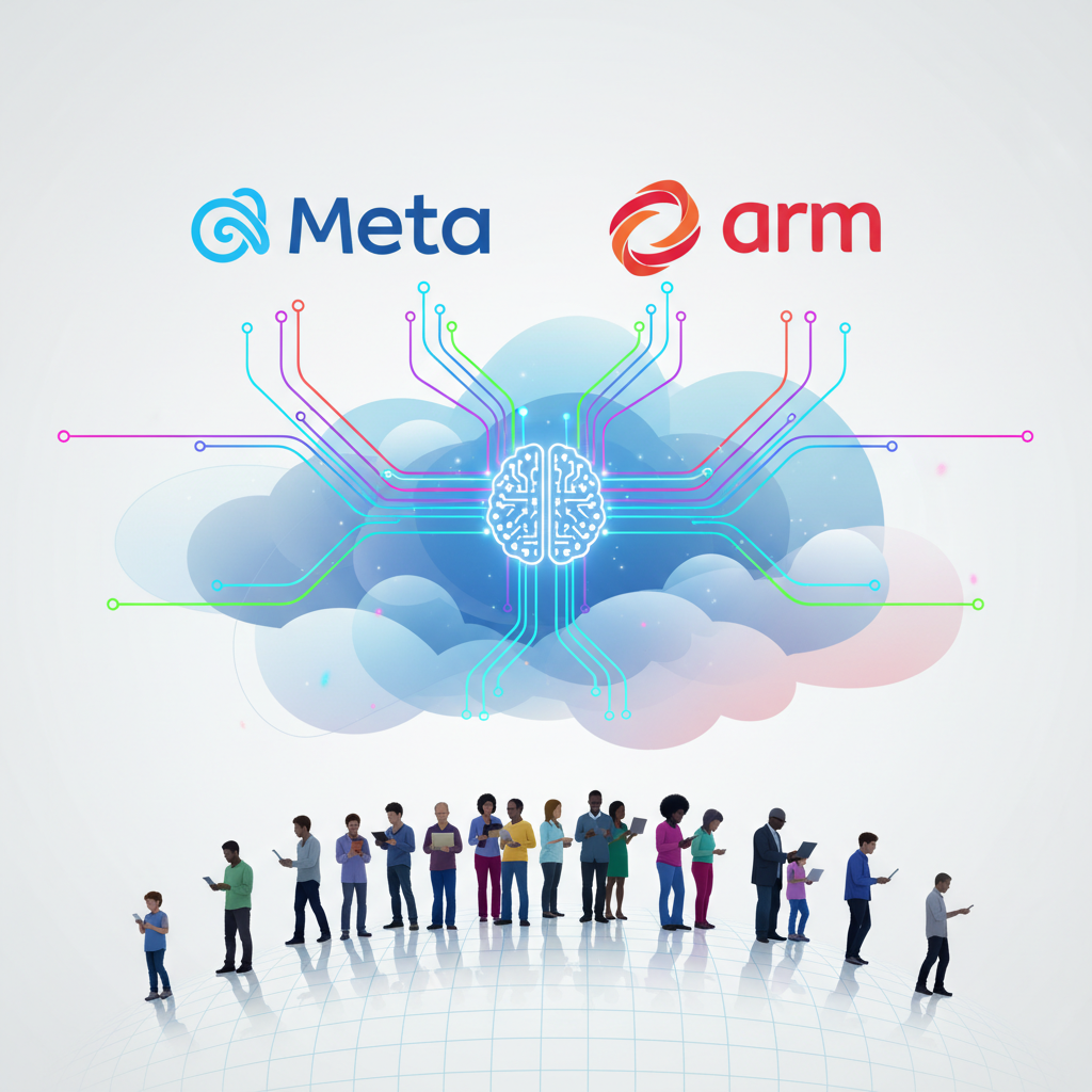 A visually engaging infographic showing two corporate logos (Meta and Arm) connected by lines representing data flow and AI processes. The background features abstract representations of cloud computing and a diverse group of people using various smart devices, implying global reach and user impact. The overall style is clean and futuristic, with bright, optimistic colors. No text.