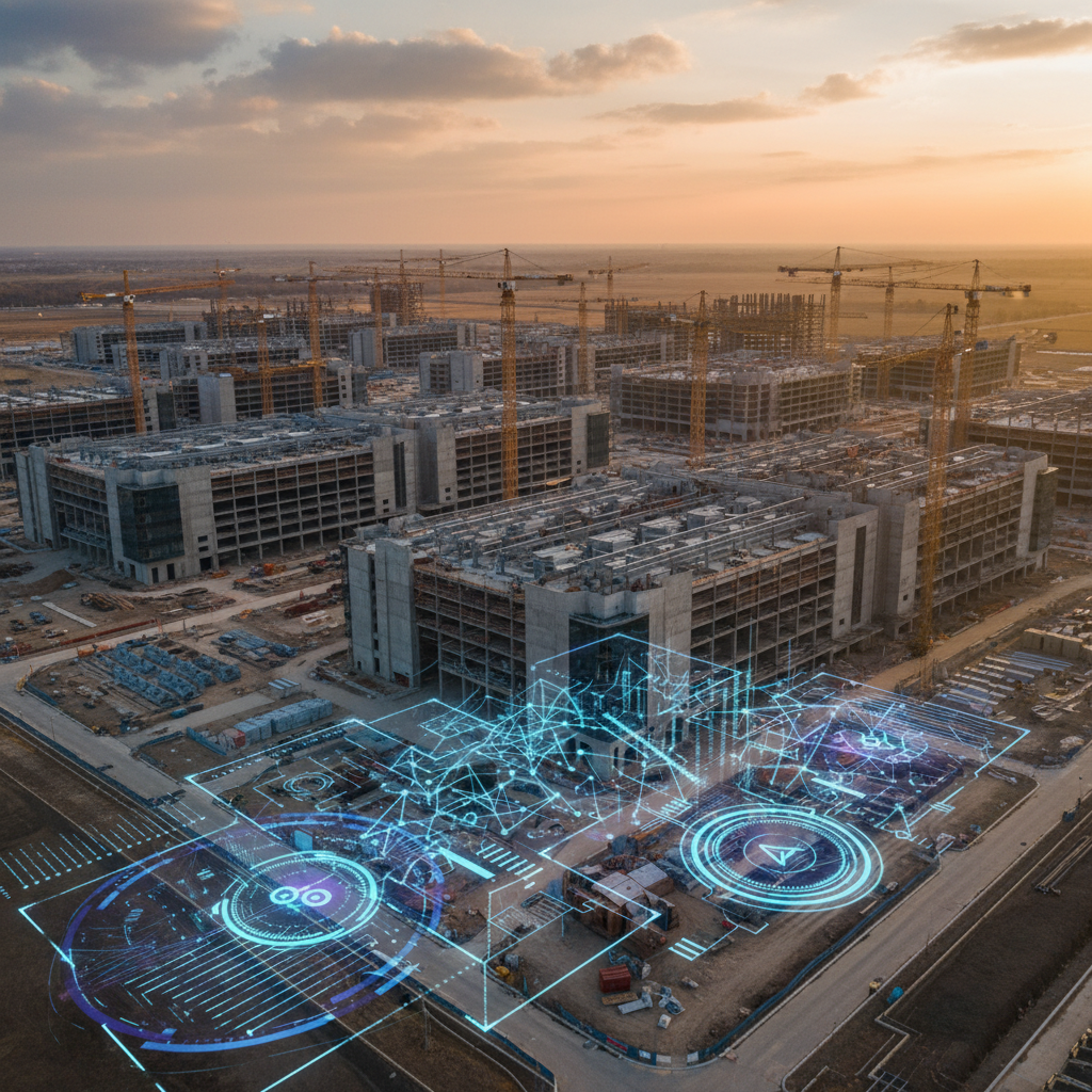 A wide-angle aerial view of a massive data center campus under construction, with cranes and large buildings. In the foreground, subtle holographic overlays show abstract representations of AI algorithms and data streams, symbolizing the future technology housed within. The setting sun casts a warm, ambitious glow on the scene. Style: realistic architectural photography with futuristic elements. No text.