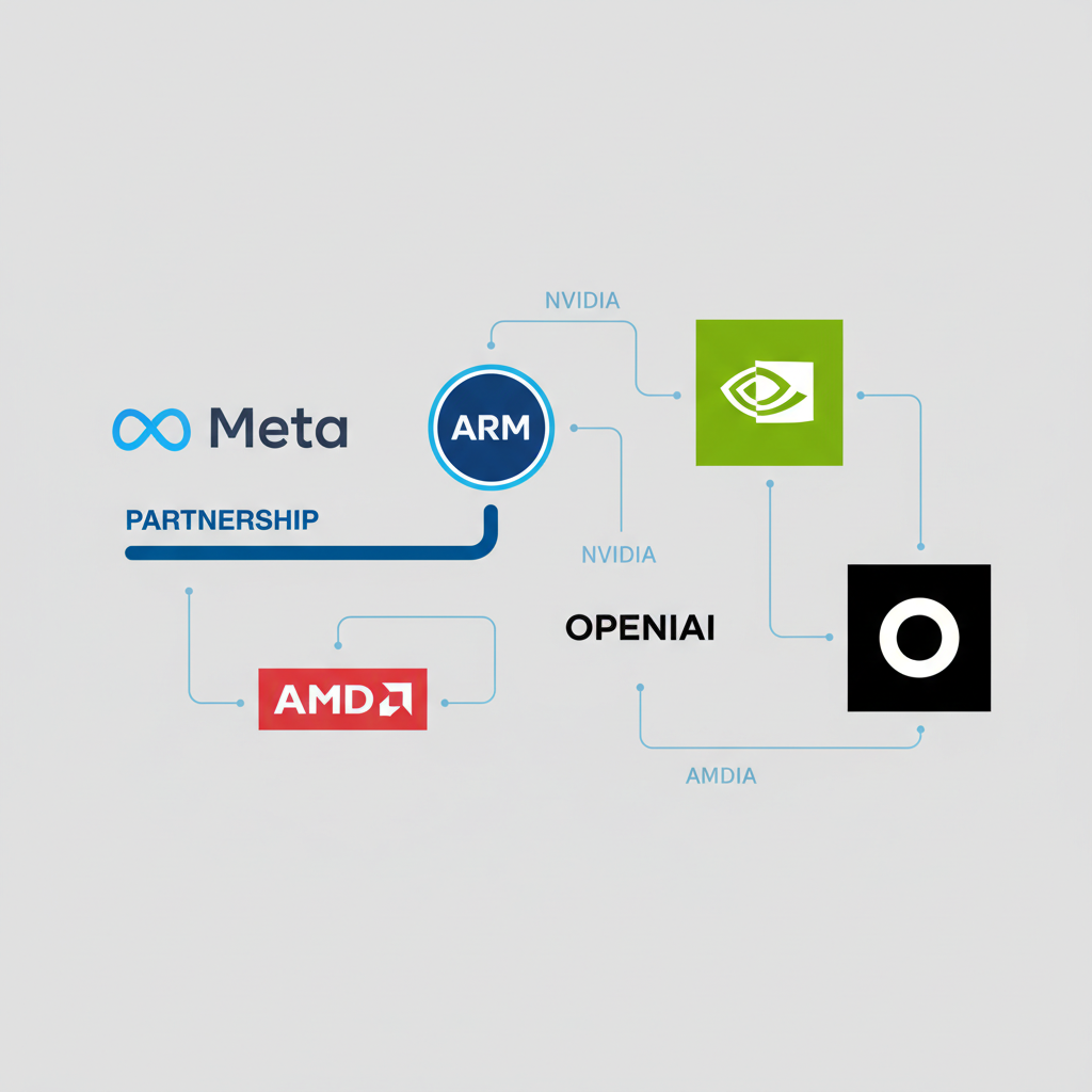 An intricate infographic showing various tech company logos (Meta, Arm, Nvidia, OpenAI, AMD) connected by different types of lines. Some lines indicate partnerships (Meta-Arm), others show investment or supply chains (Nvidia-OpenAI, AMD-OpenAI). The visual should highlight the distinct nature of the Meta-Arm partnership compared to others, using subtle differences in line thickness or color. Style: clean, professional infographic. No text.