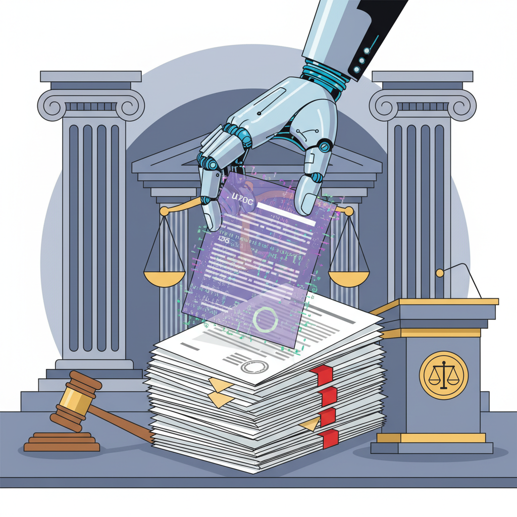 A stylized infographic showing a robot hand placing fake legal documents, generated by AI, onto a stack of real legal papers. The background is a courthouse setting, symbolizing the legal system. The AI documents have subtle visual cues indicating fabrication, with a glitchy effect. Clean infographic style, no text.
