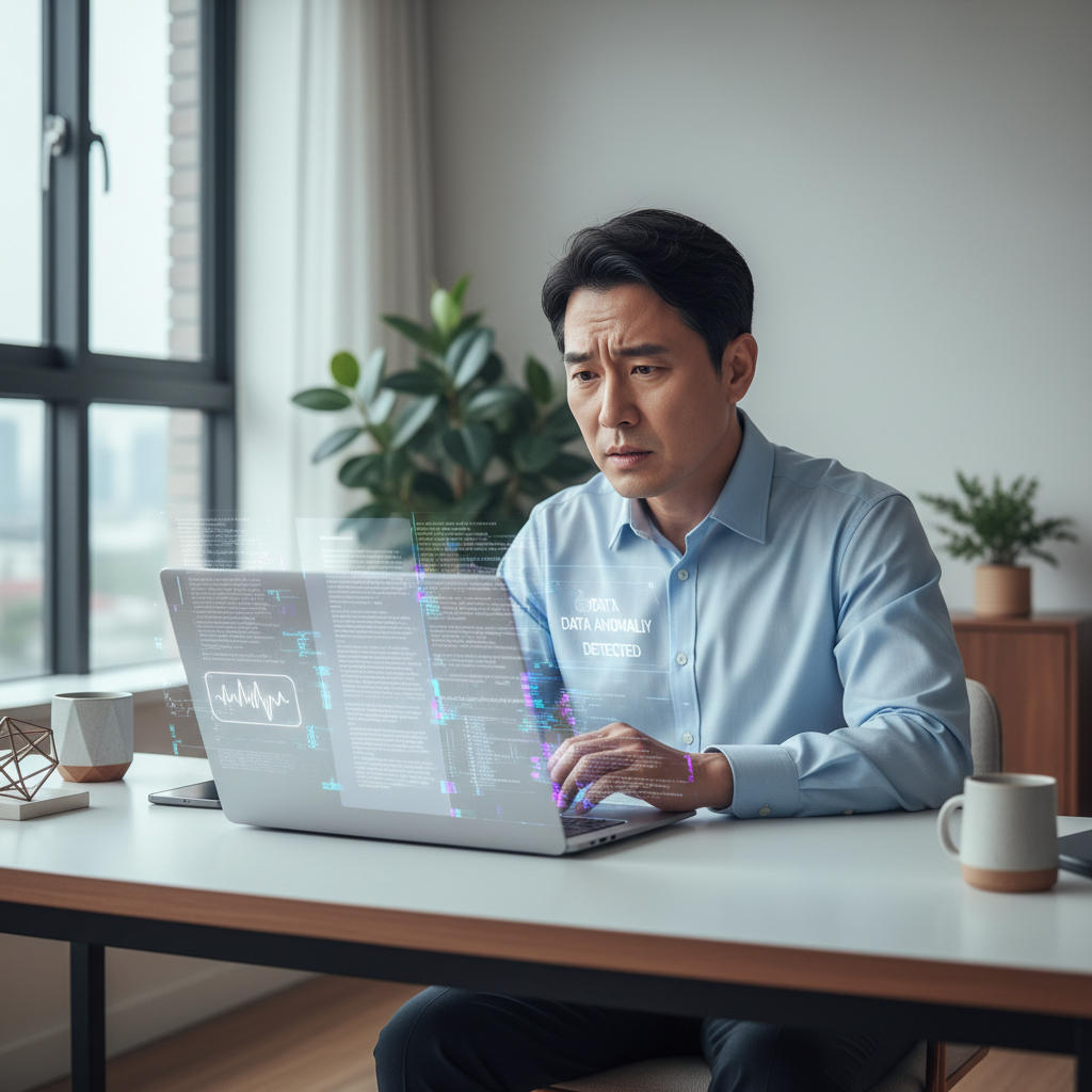 A Korean man in his 40s, dressed in a formal shirt, sitting at a modern desk with a laptop open. He is looking at the screen with a puzzled and slightly concerned expression as if discovering inconsistencies in legal text. The screen displays abstract legal documents with subtle digital glitches suggesting AI-generated errors. The setting is a clean, well-lit home office. Lifestyle photography, no text.