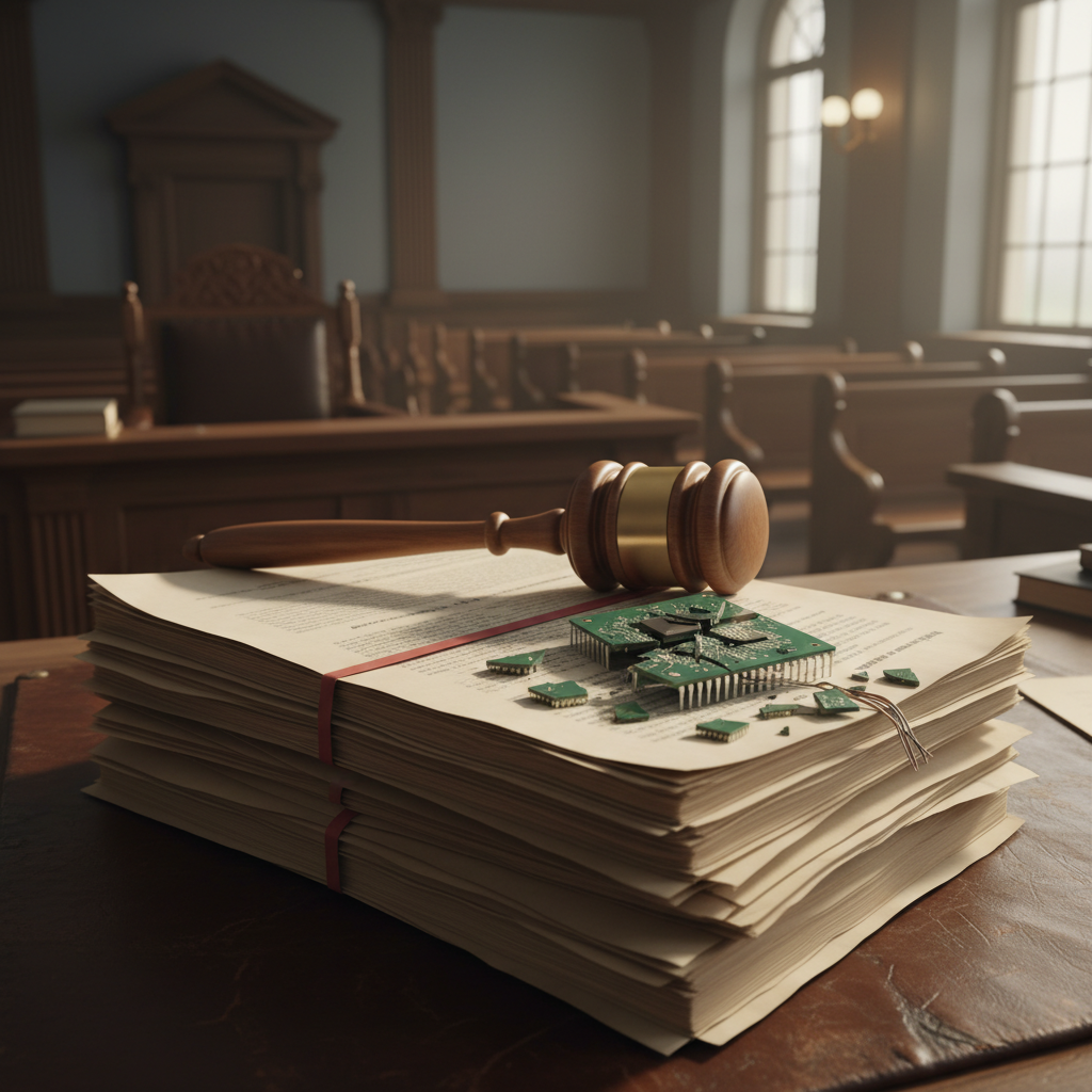 A judge's gavel resting on a stack of legal documents. On top of the documents, there's a subtly cracked or fragmented microchip, symbolizing the failure or misuse of AI in a legal context. The setting is a formal courtroom, with soft, serious lighting. Realistic, detailed depiction. No text.