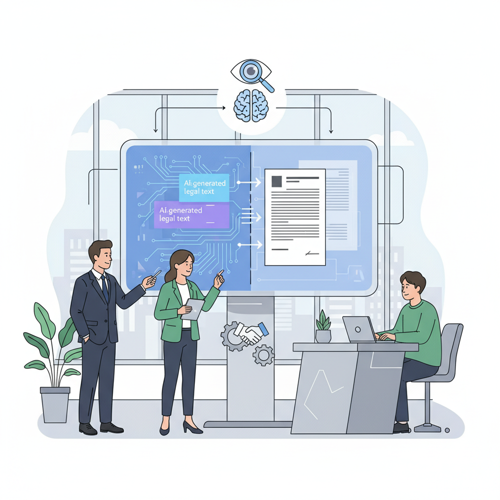 A diverse group of Korean legal professionals (a lawyer, a paralegal, and a legal tech specialist) are collaboratively reviewing documents on a large digital screen which shows AI-generated legal text alongside traditional legal briefs. They are pointing, discussing, and cross-referencing information, emphasizing careful human oversight and teamwork in a modern, well-lit law office. Clean infographic style, no text.