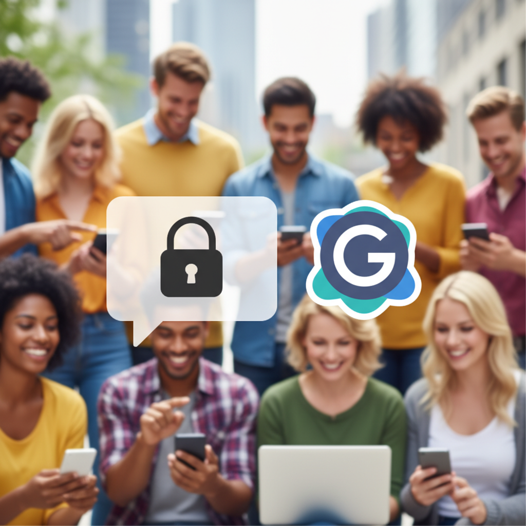 A modern, clean infographic depicting a blurred out chat bubble with a lock icon, signifying age-gated content, next to a ChatGPT logo. The background shows a diverse group of adults using smartphones and laptops, with a vibrant, curious atmosphere. Style: clean infographic.