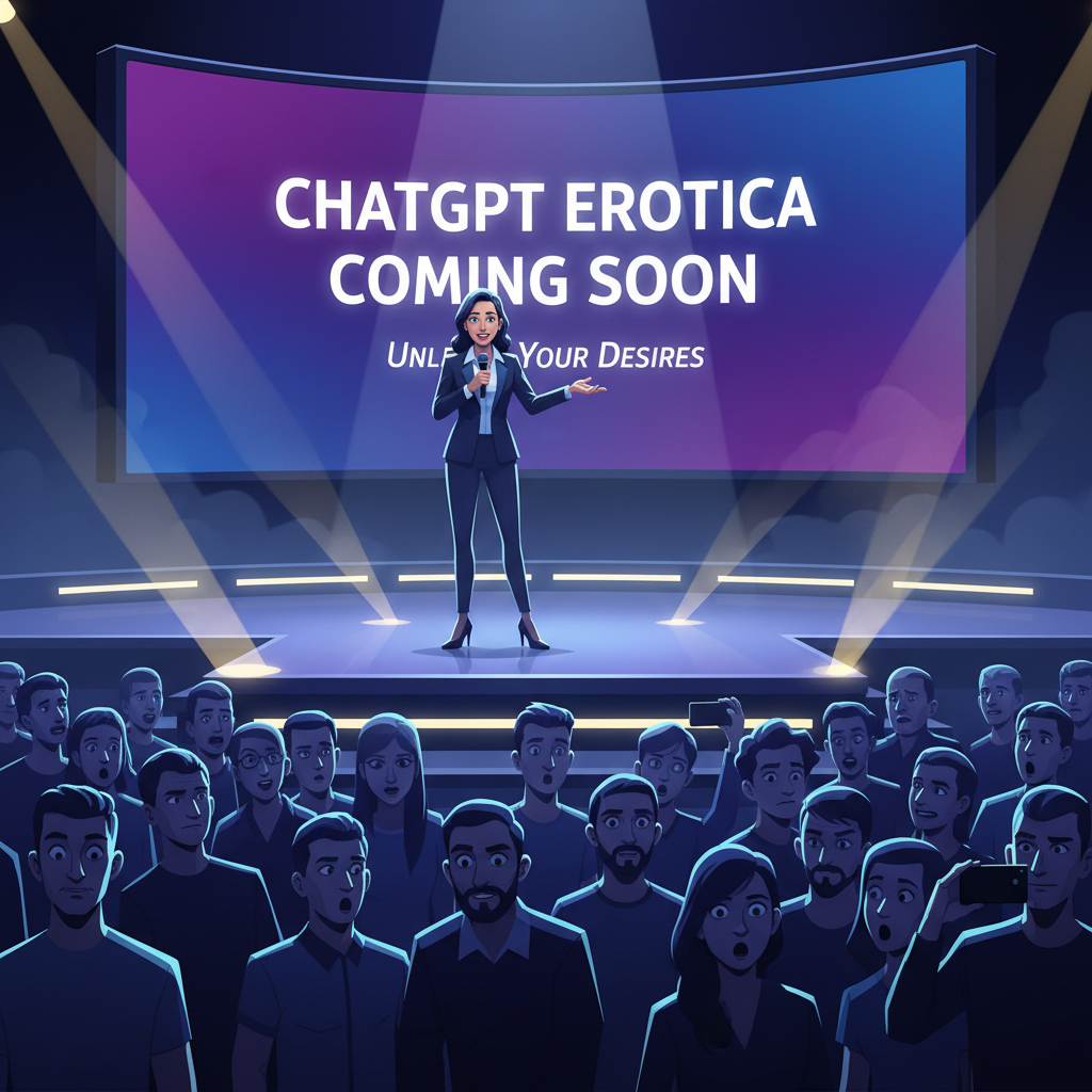 A dynamic illustration of a person (CEO figure) speaking on a stage, with a large screen behind displaying "ChatGPT Erotica Coming Soon". The audience looks surprised yet curious. The overall style is modern and slightly dramatic, reflecting a significant announcement. Style: clean illustration.