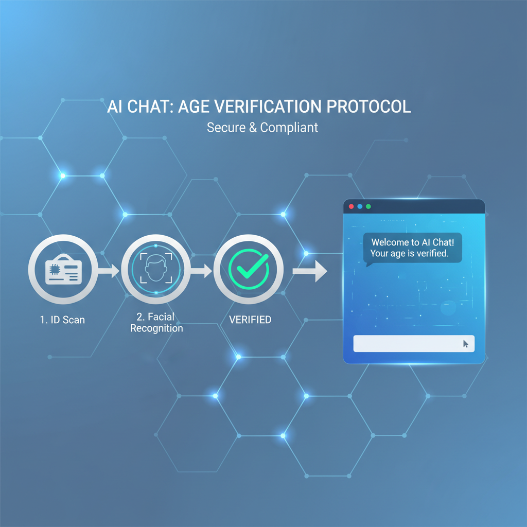 A sleek, futuristic infographic demonstrating an age verification process for AI chat. Icons of ID cards, face scanning, and a "verified" checkmark lead to an open chat interface. The background is clean and tech-oriented. Style: clean infographic.