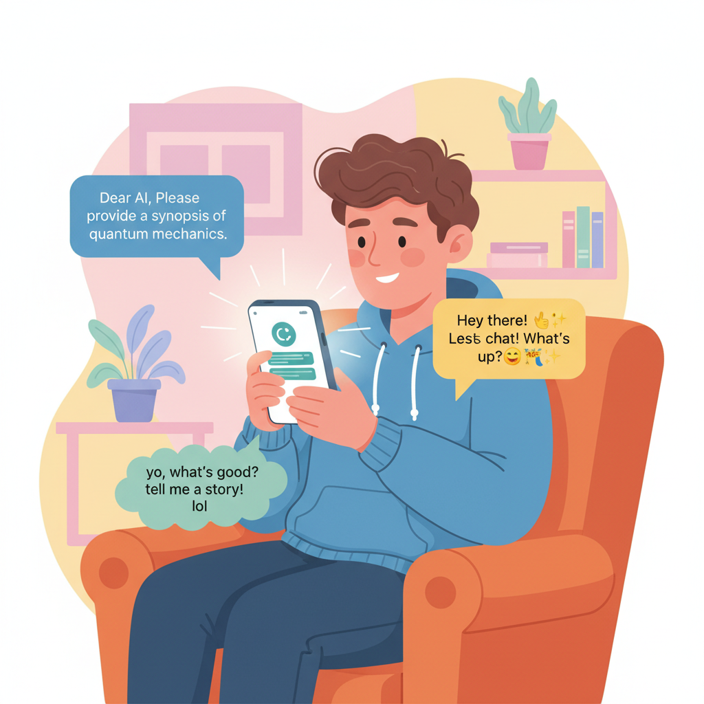 A vibrant illustration showing a user interacting with a smartphone displaying a ChatGPT interface. Different chat bubbles emerge, representing diverse conversational styles: one is formal, another is filled with emojis, and a third appears friendly and casual. The user looks engaged. Style: bright, friendly illustration.