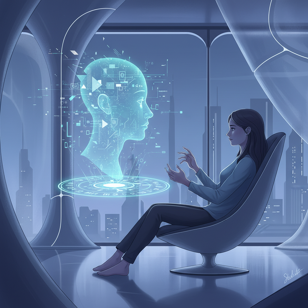 A thought-provoking illustration of a person sitting alone, but engaging deeply with a holographic AI companion. The environment is modern and slightly stylized, conveying a sense of futuristic interaction and the potential for emotional connection with AI. Style: conceptual illustration.