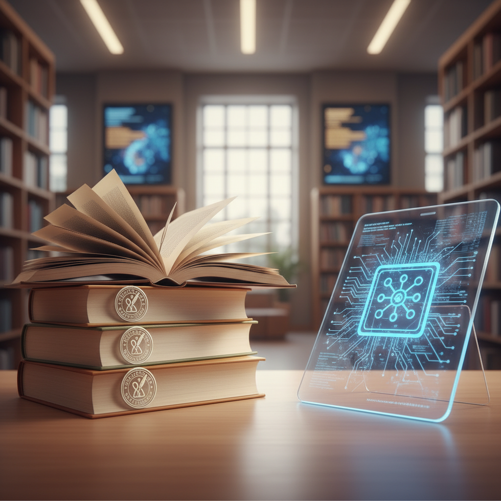 A clean infographic showing books with certification stamps, contrasting human-written books with AI-generated content. Modern library setting with digital elements, warm lighting, professional photography style. No text.