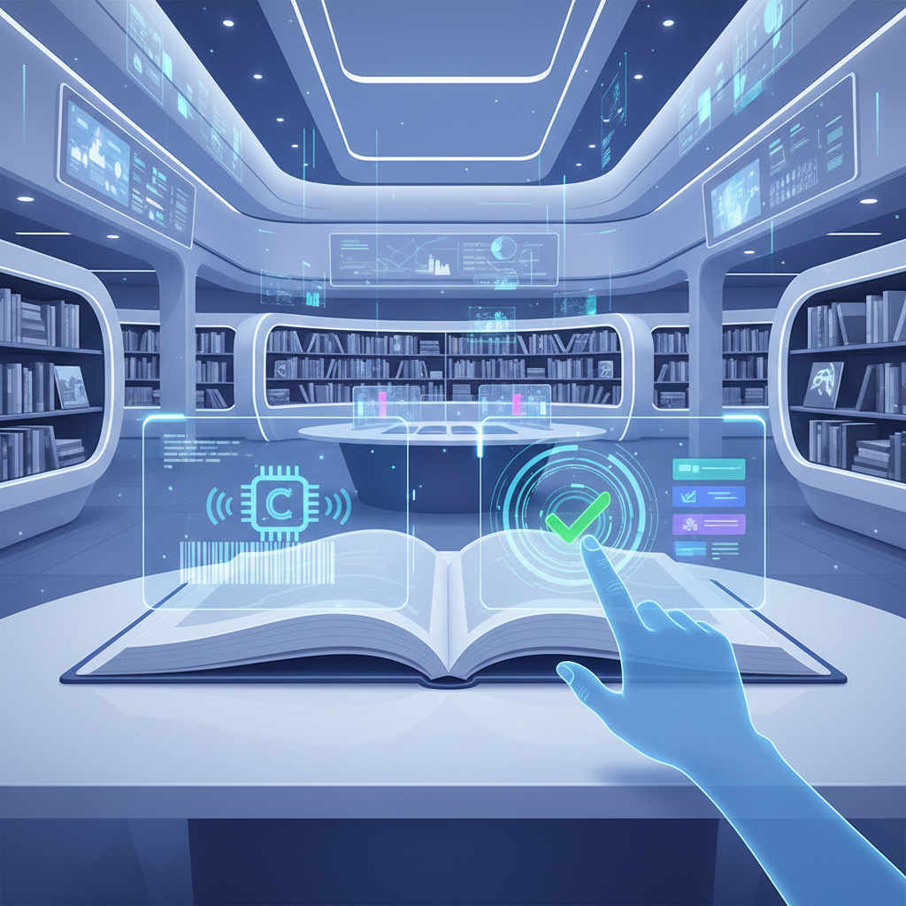 Futuristic concept of book certification system with digital stamps and verification process. Modern library or bookstore setting with technology integration, professional lighting, clean infographic style. No text.