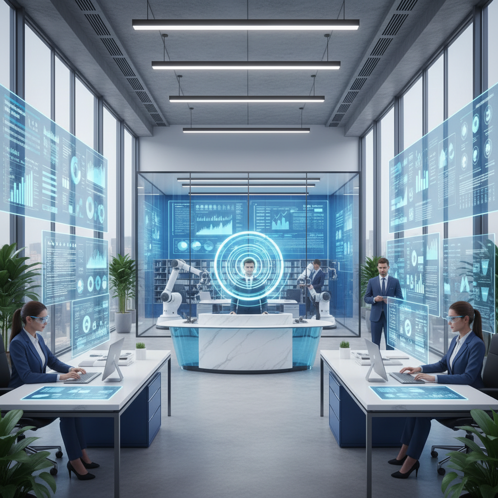 Modern insurance office with AI technology integration, showing digital screens displaying data analytics, automated systems, and professional staff working with advanced technology. Clean corporate environment with blue and white color scheme, natural lighting, no text.