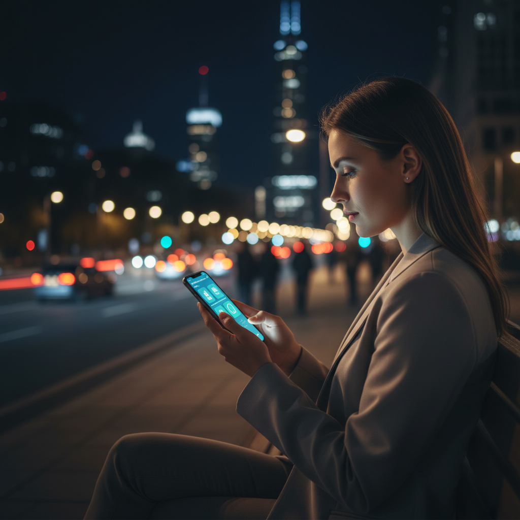 Night scene showing a customer using smartphone to access insurance services at midnight, with city lights in background. Modern lifestyle photography showing convenience and accessibility, warm lighting from phone screen, no text.