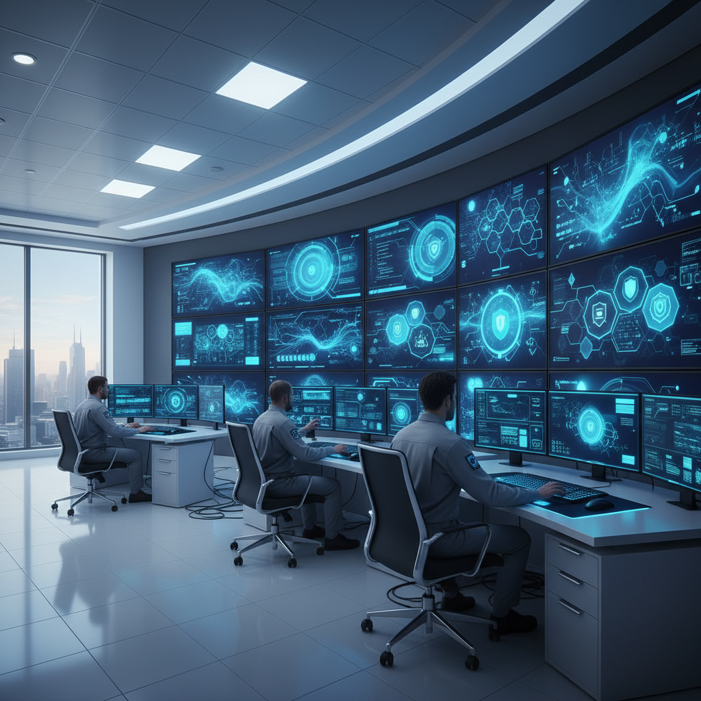 Professional monitoring room with multiple screens showing AI system oversight, data flows, and safety protocols. Clean tech environment with operators ensuring quality control, modern blue interface displays, no text.