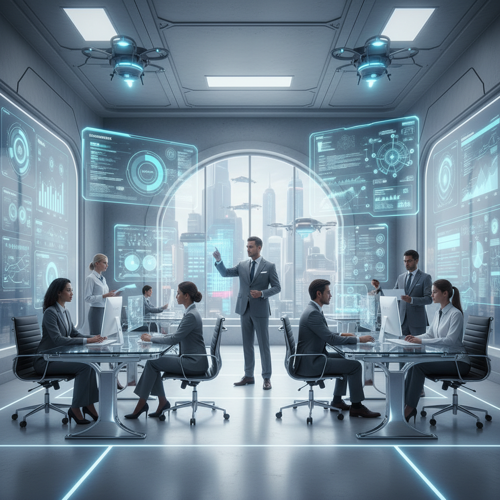 Futuristic insurance office with holographic displays, AI interfaces, and seamless digital workflow. Modern professionals interacting with advanced AI systems, bright clean environment with innovative technology, no text.